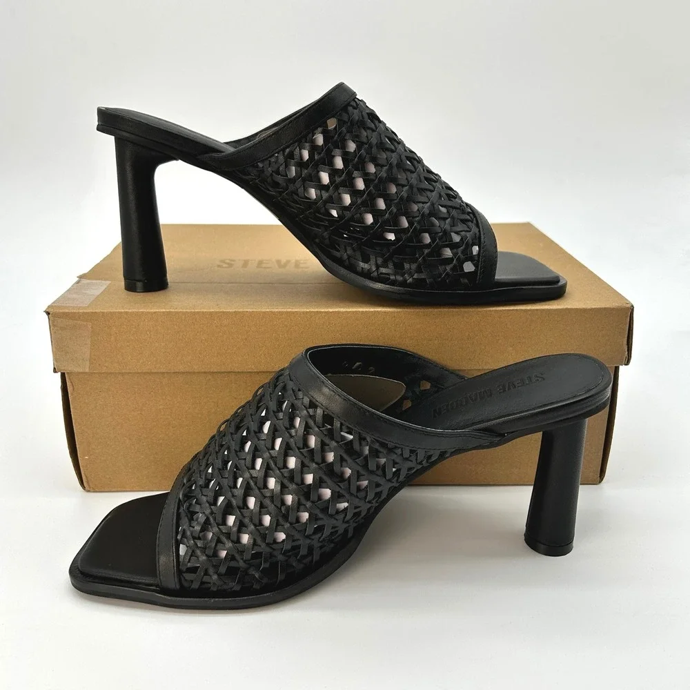 Block Heel Sandals Steve Madden Fresca Womens Size 11 Black Woven Leather NEW